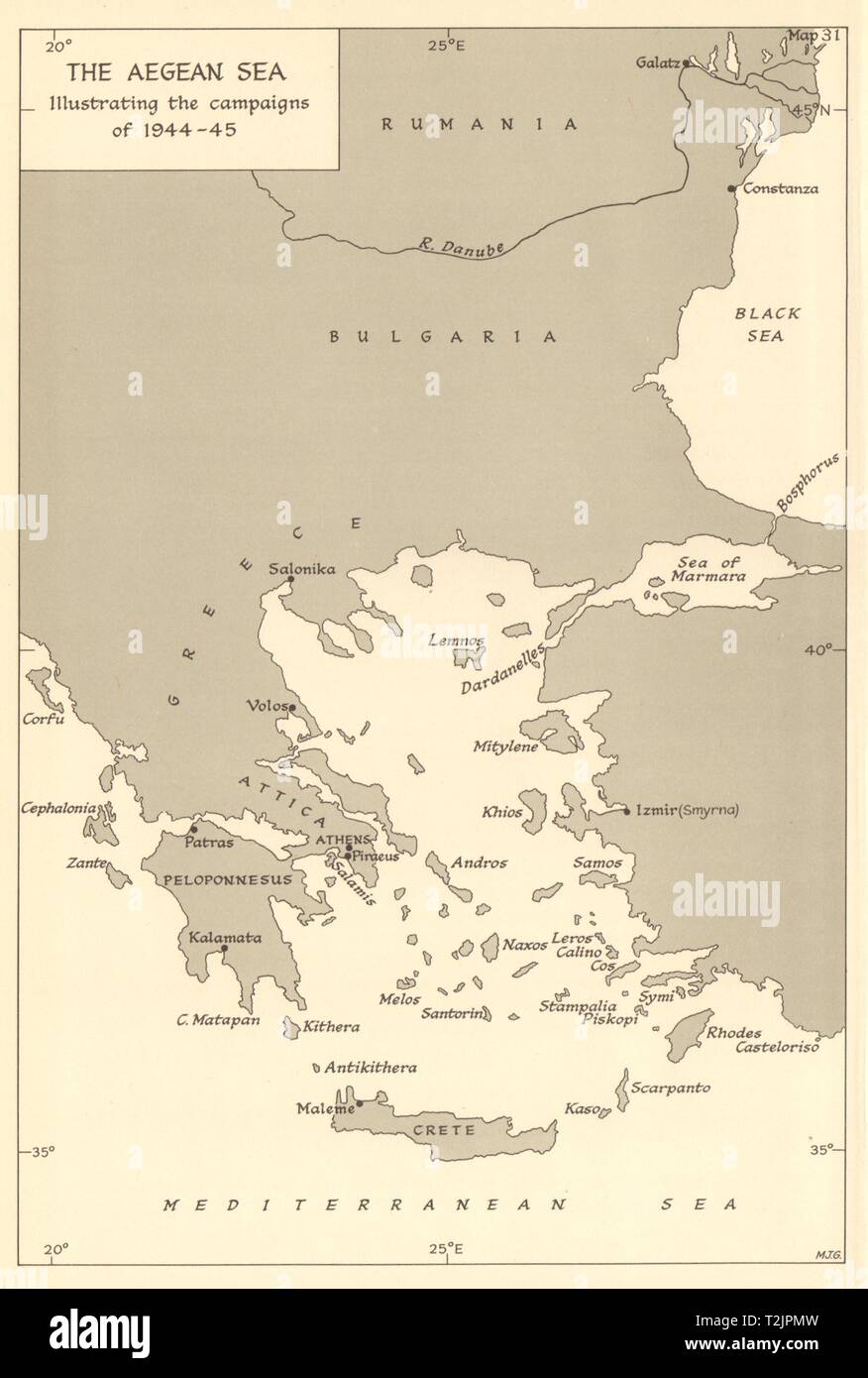 Aegean Sea illustrating the naval campaigns of 1944-45. World War 2 1961 map Stock Photo