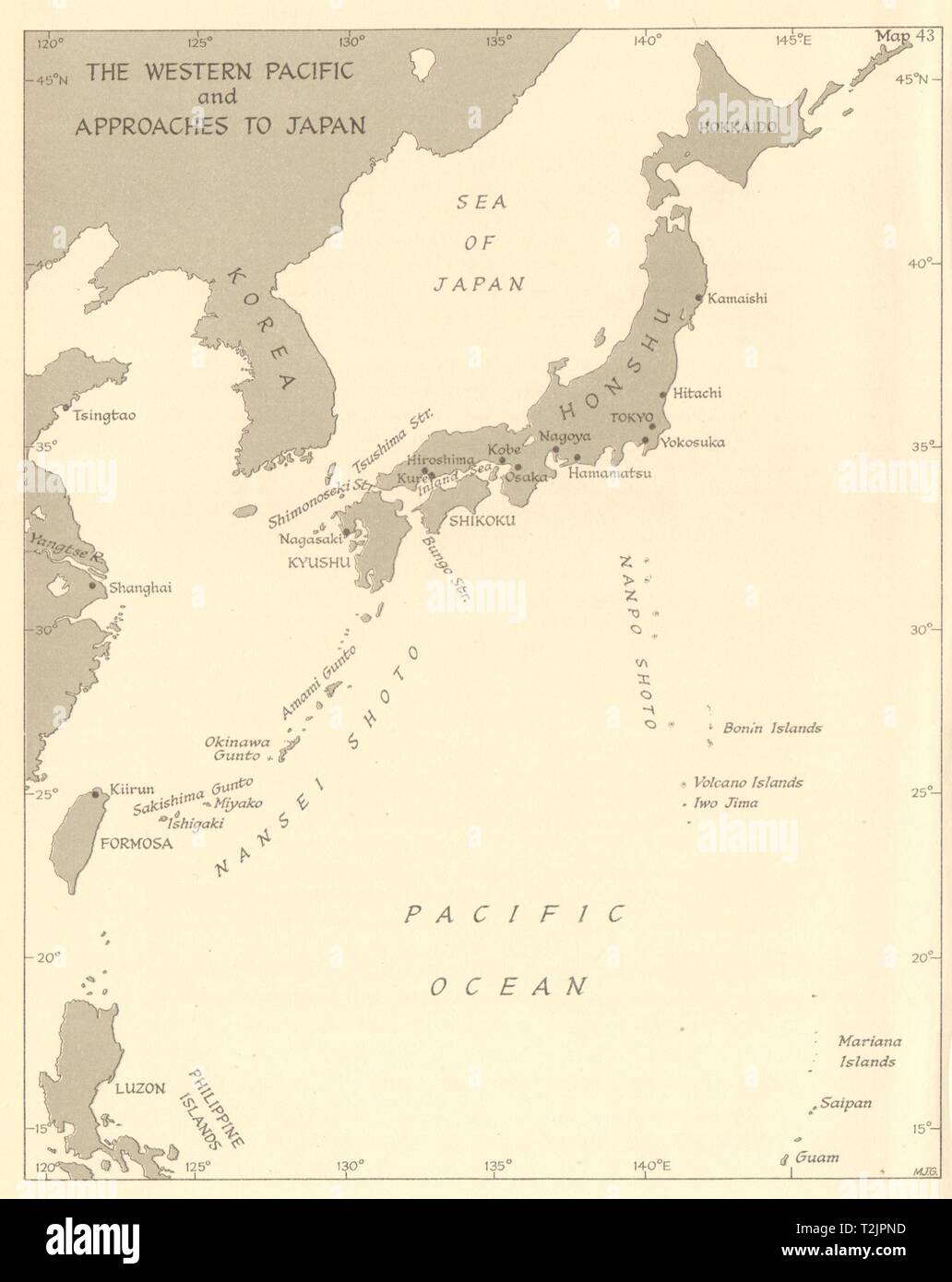 Western Pacific & approaches to Japan in 1945. World War 2 naval ops 1961 map Stock Photo