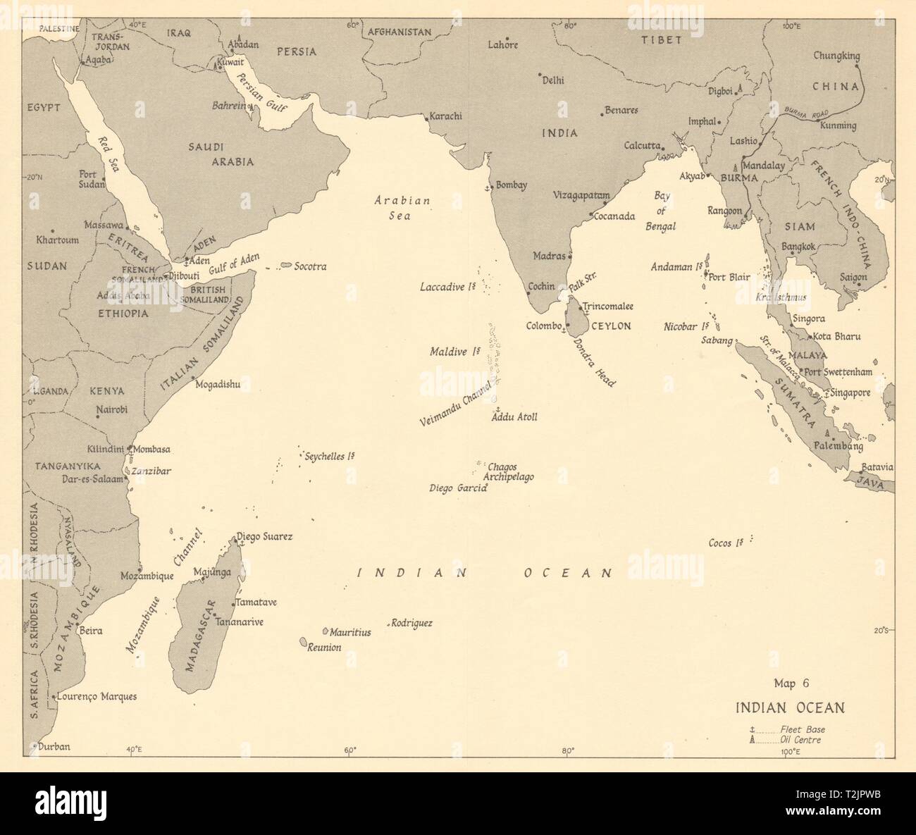 Indian Ocean 1942. World War 2 1961 old vintage map plan chart Stock Photo