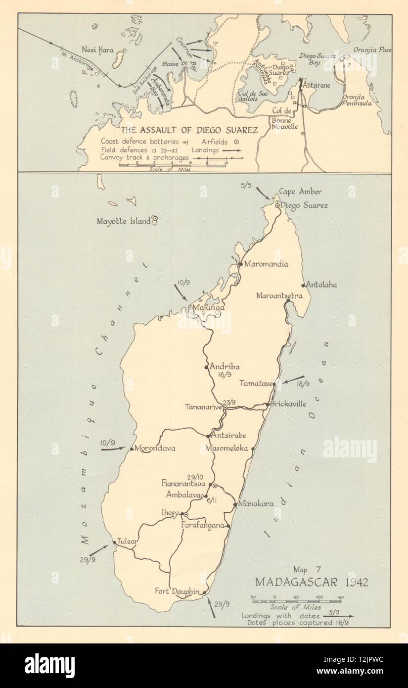 Battle of Madagascar 1942. Assault of Diego Suarez Antsiranana Ironclad 1961 map Stock Photo
