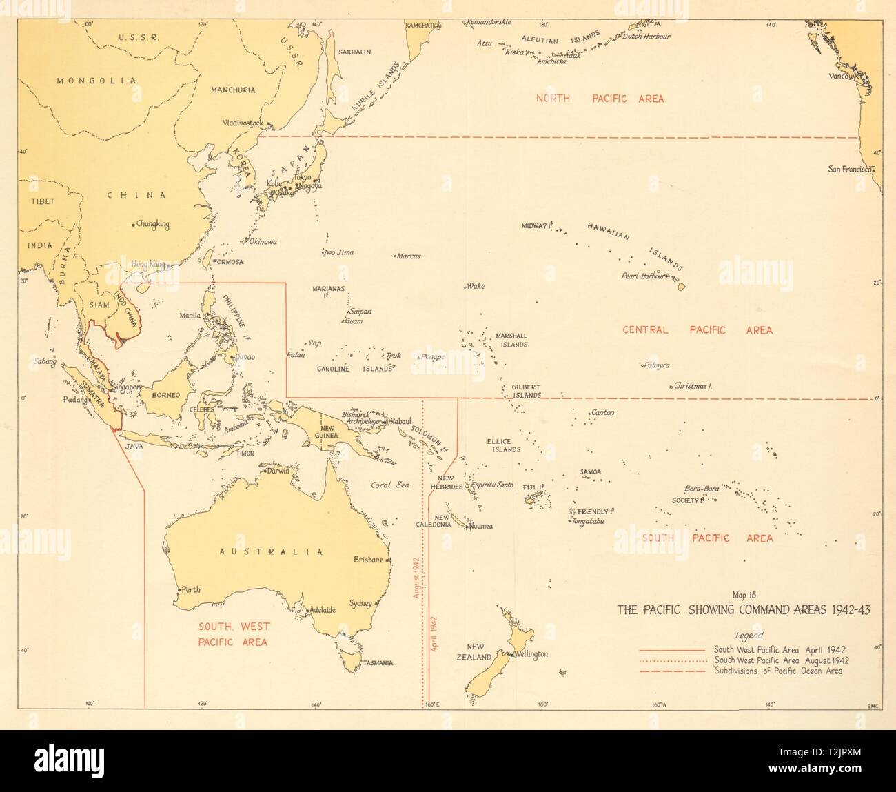 The Pacific showing Command Areas 1942-43. World War 2 1961 old vintage map Stock Photo