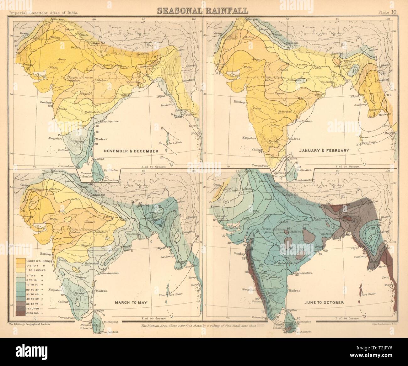 SOUTH ASIA. British India & Burma. Seasonal Rainfall 1909 old antique map Stock Photo
