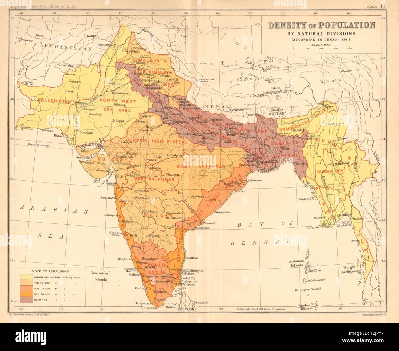 BRITISH INDIA S. Asia. Population density 1901 census natural divisions 1909 map Stock Photo