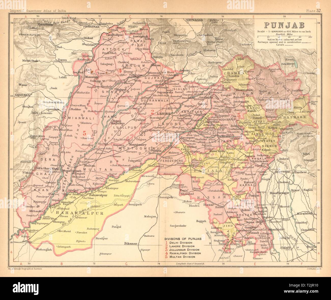 Punjab. British India/Pakistan province. Haryana Himachal Pradesh Delhi 1909 map Stock Photo