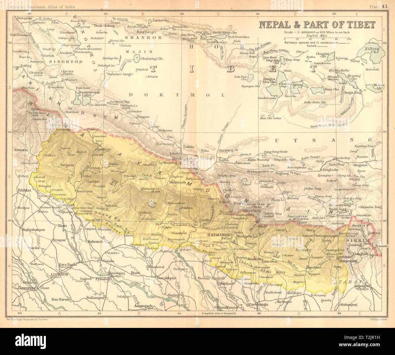 Nepal & part of Tibet. Himalayas. Kathmandu 1909 old antique map plan