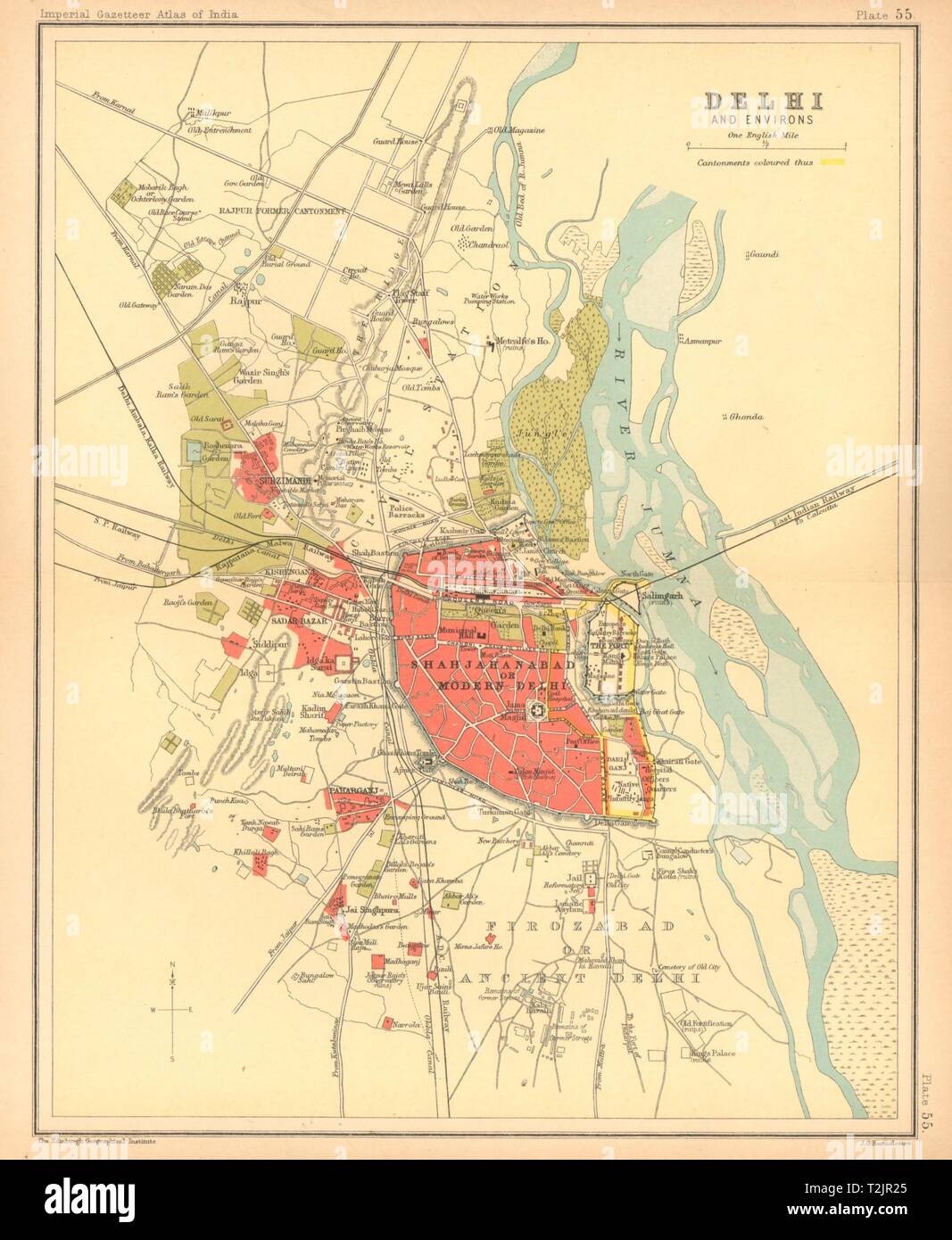Delhi town city plan. Key buildings & Cantonment. British India 1909 old map Stock Photo