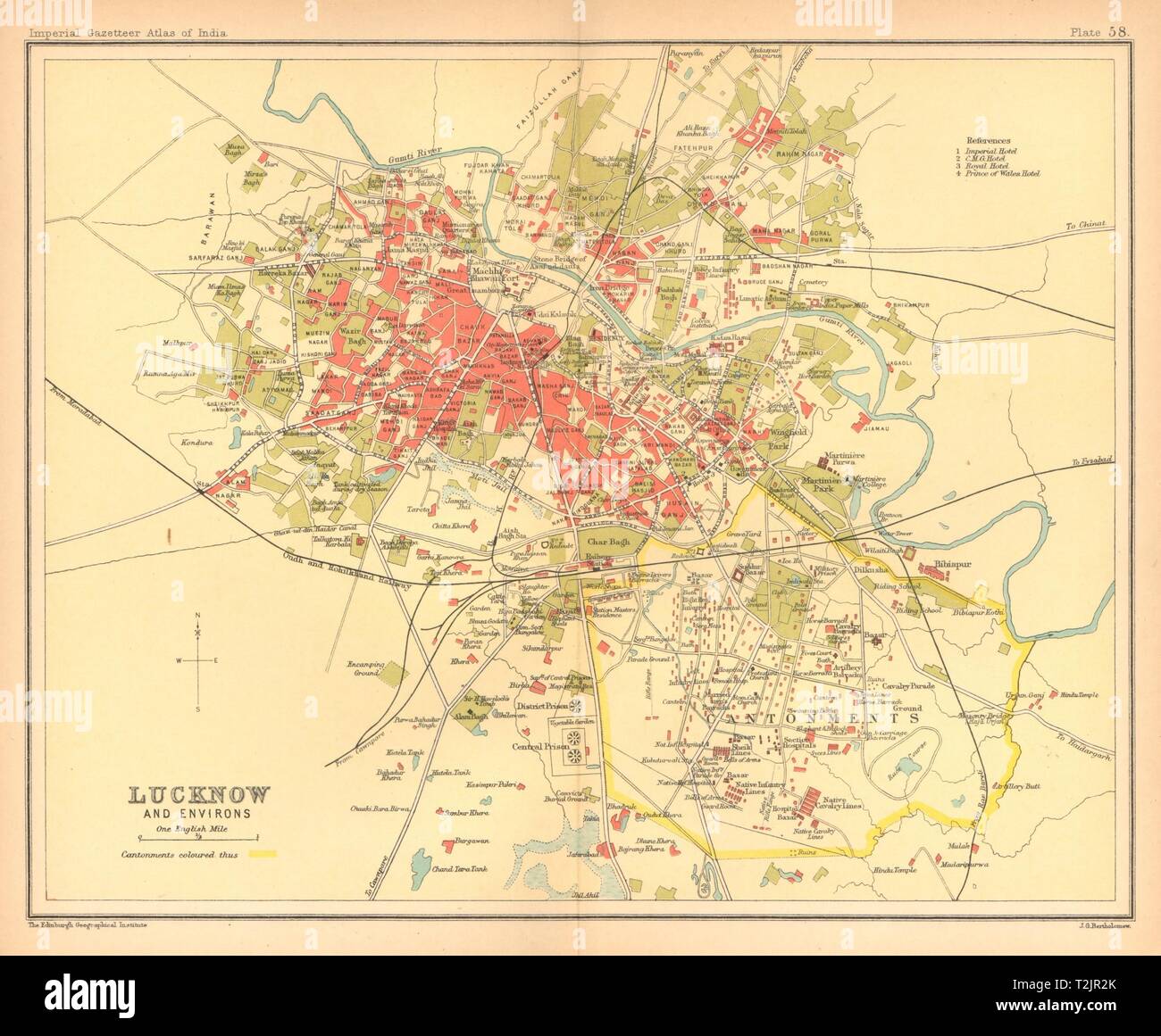 Lucknow town city plan. Cantonment & key buildings. British India 1909