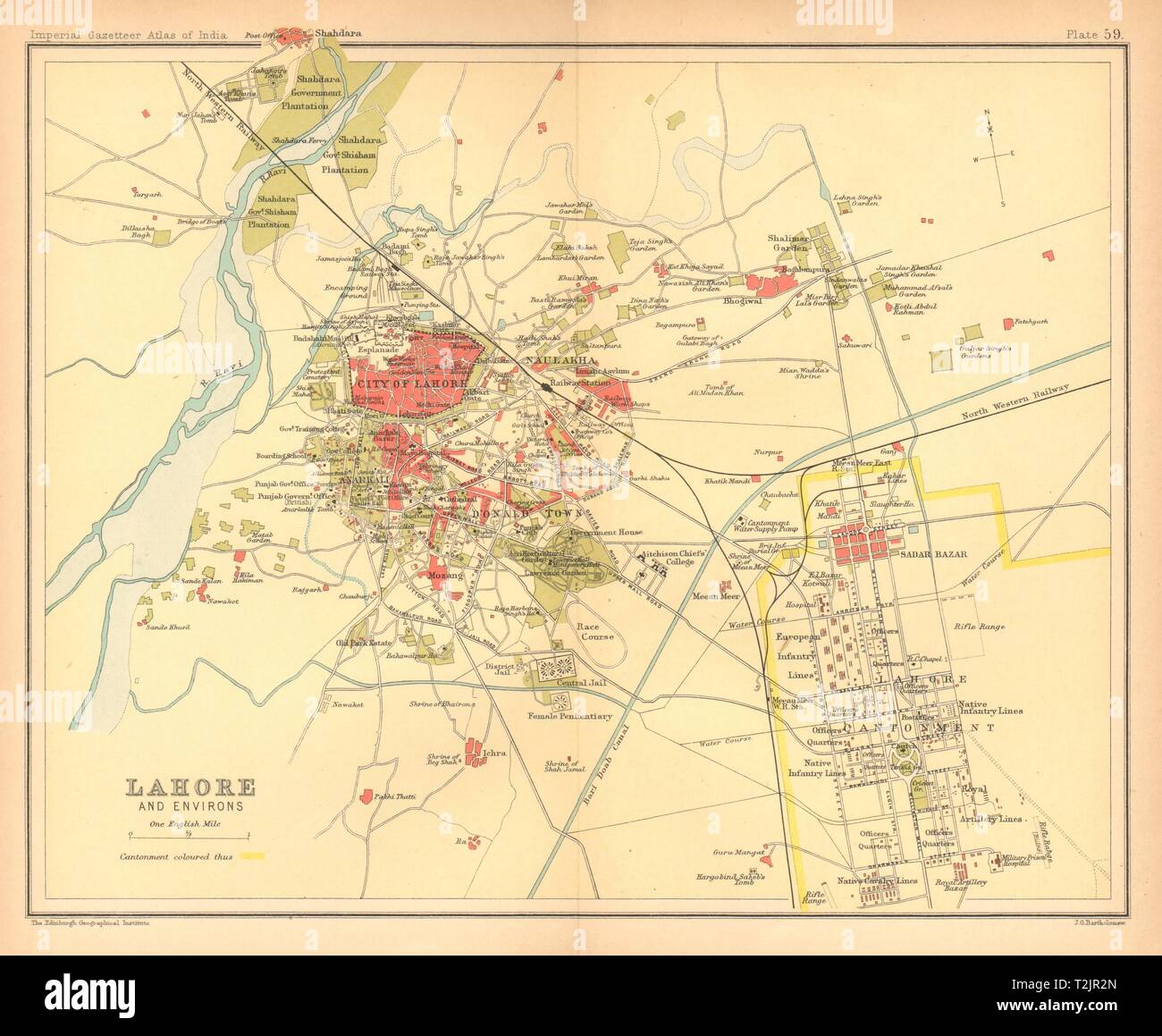 Lahore town city plan. Cantonment Key buildings. British India/Pakistan 