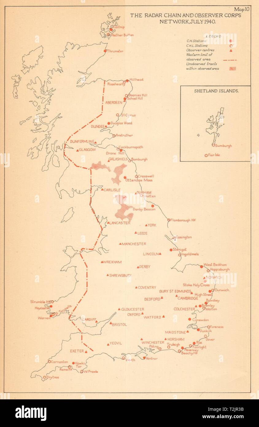 Radar Chain & Observer Corps Network, July 1940. Battle of Britain. WW2 1957 map Stock Photo