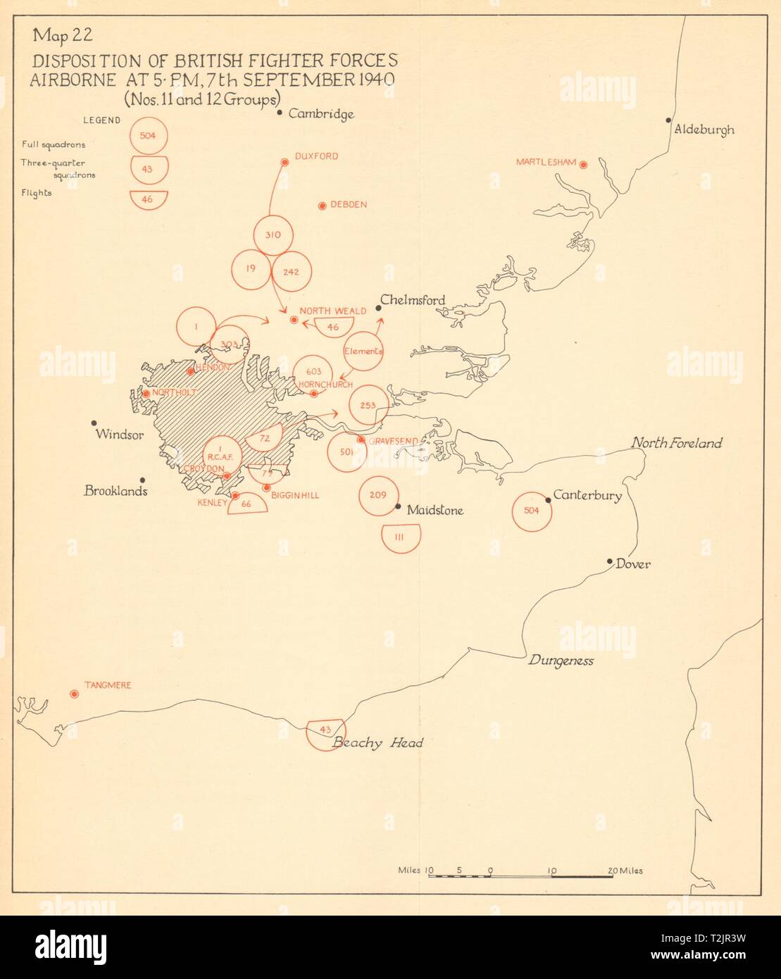 RAF Fighter Forces airborne 7 Sept 1940 Battle of Britain London Blitz 1957 map Stock Photo