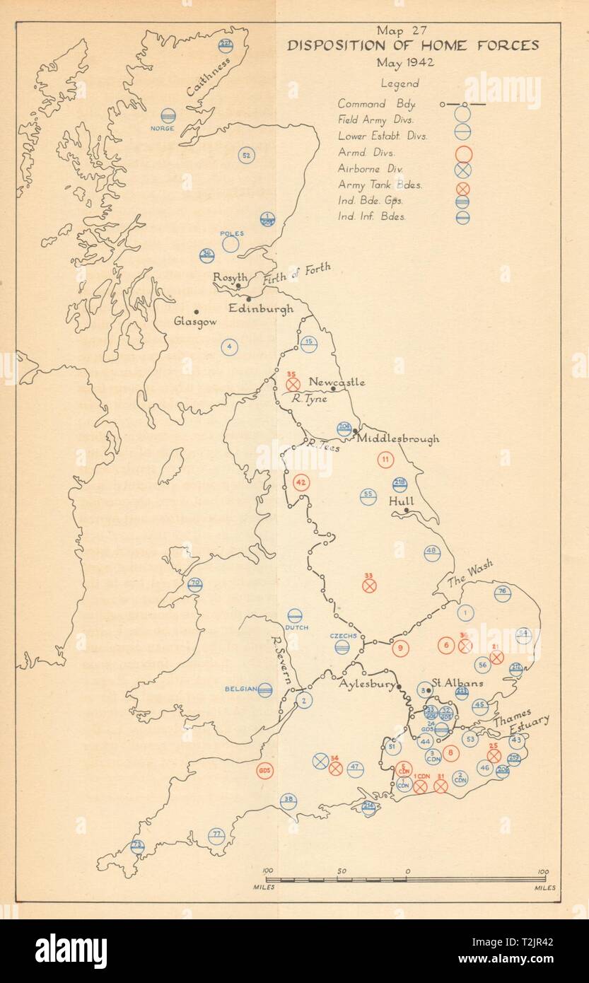 Disposition of Home Forces Spring 1942. Uk defence. World War 2 1957 old map Stock Photo