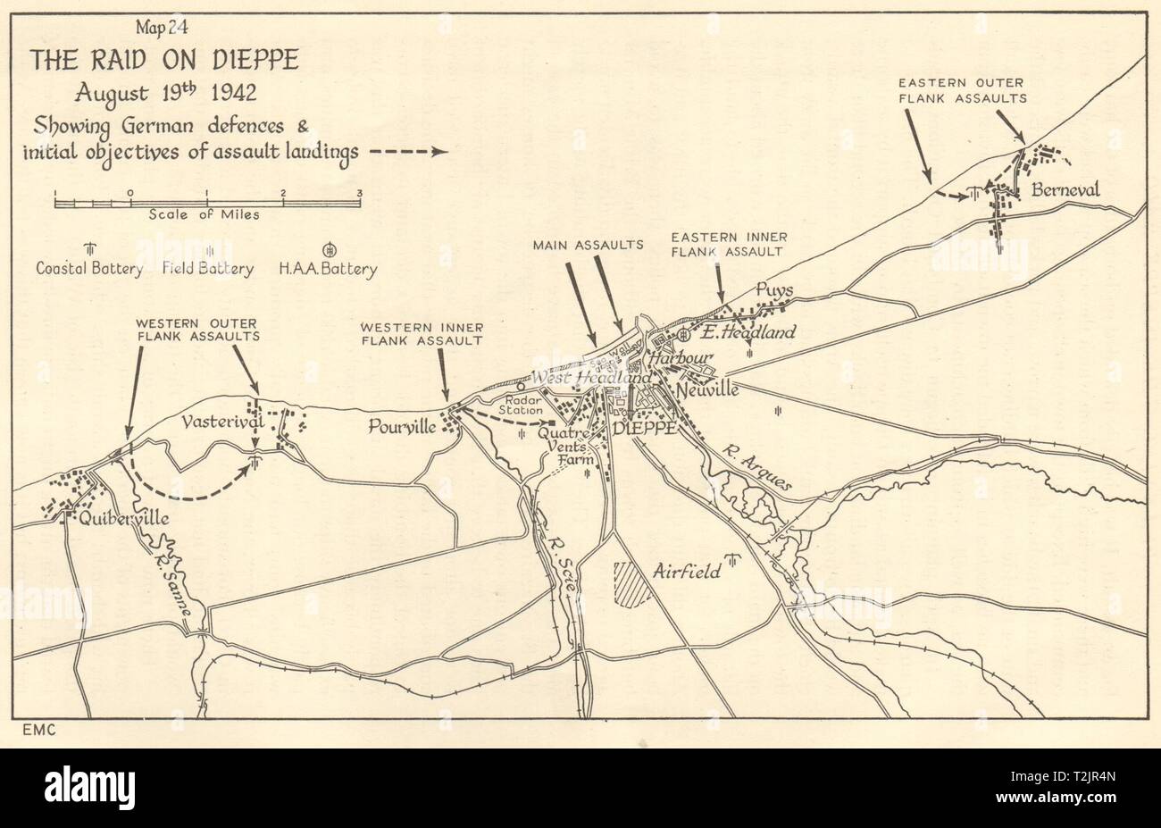World War 2. The Raid on Dieppe - August 19th 1942. Seine Maritime 1956 map Stock Photo