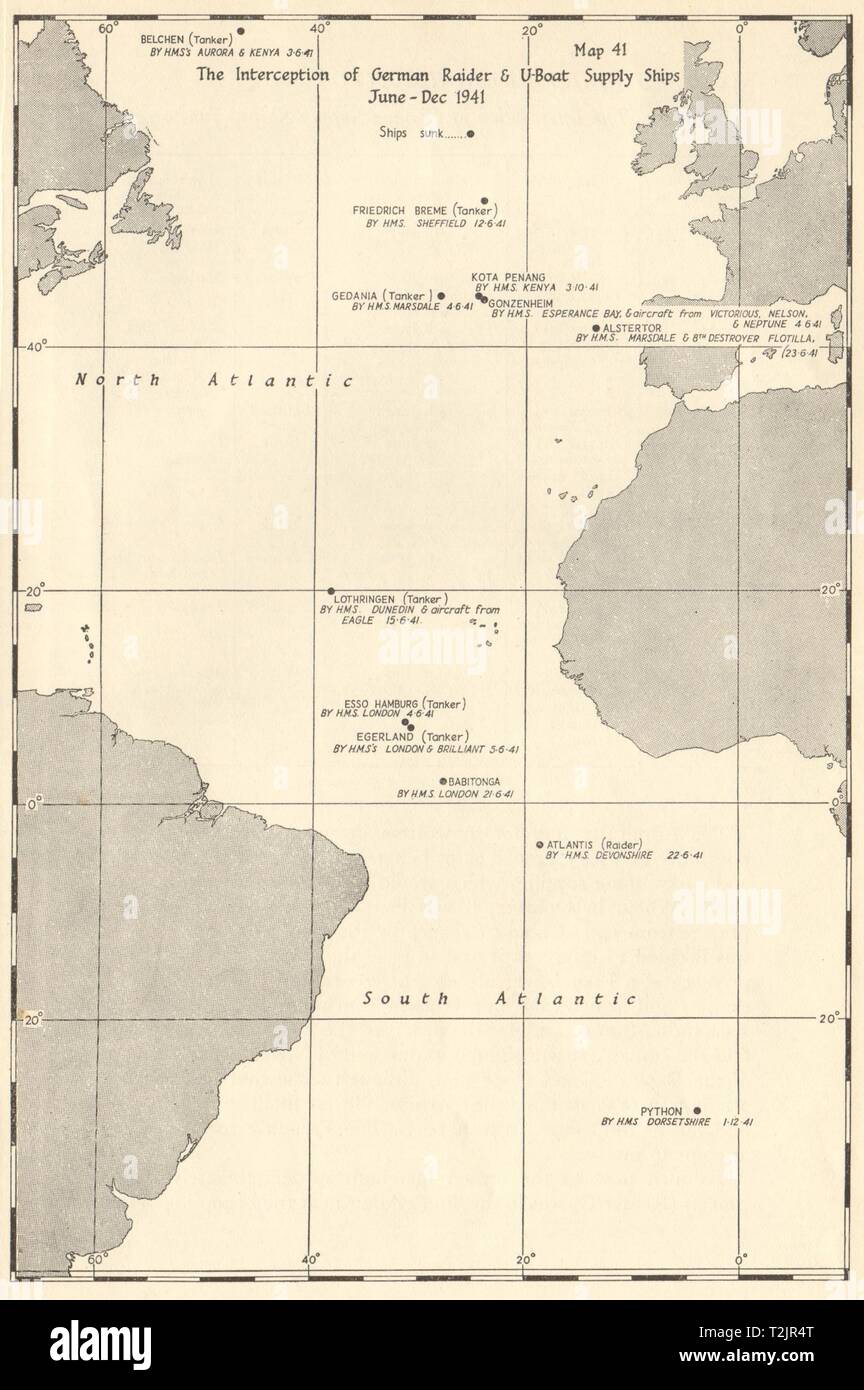 Atlantic Ocean. German Raider & U-Boat Supply Ships interception 1941 1954 map Stock Photo