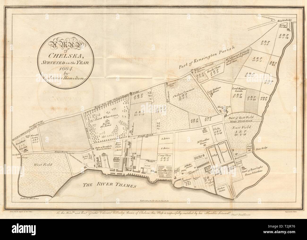 'Map of Chelsea surveyed in the year 1664 by James Hamilton'. FAULKNER 1810 Stock Photo