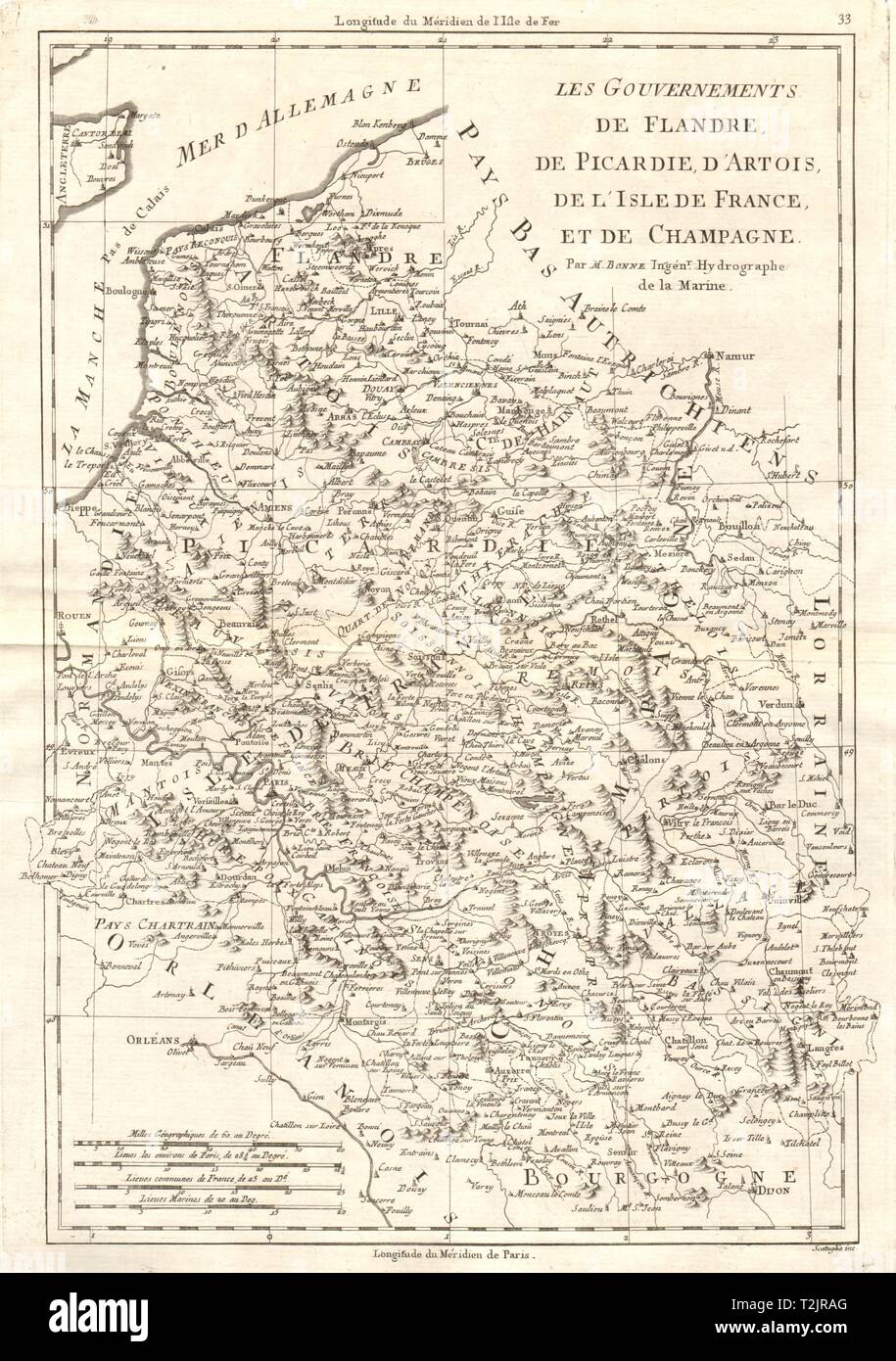 Flandre, Picardie, Artois, Isle de France & Champagne. NE France. BONNE 1789 map Stock Photo