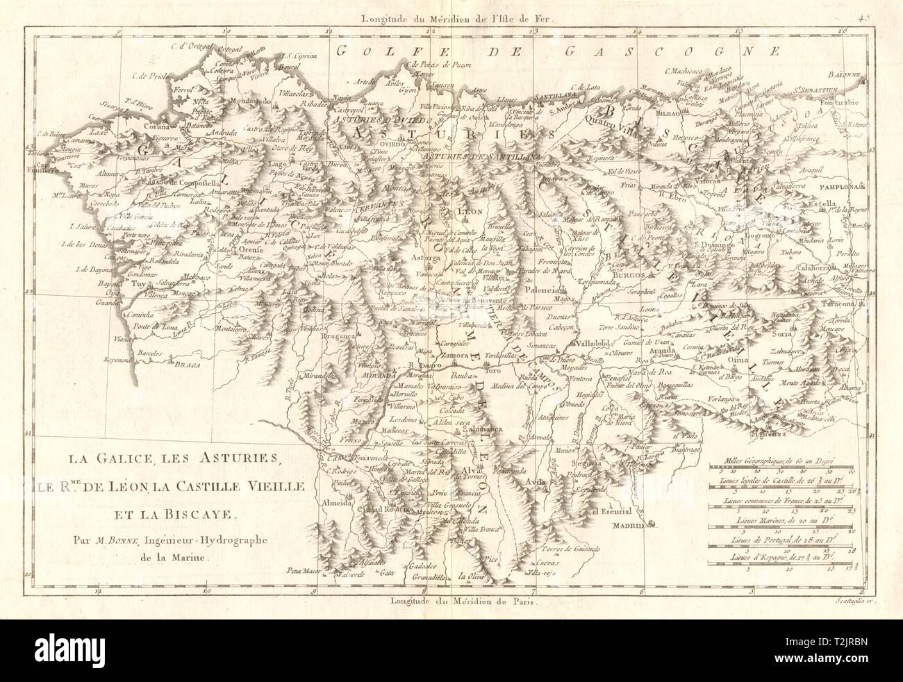 Galice, Asturies, Léon, Castille vieille & Biscaye. NW Spain. BONNE 1789 map Stock Photo