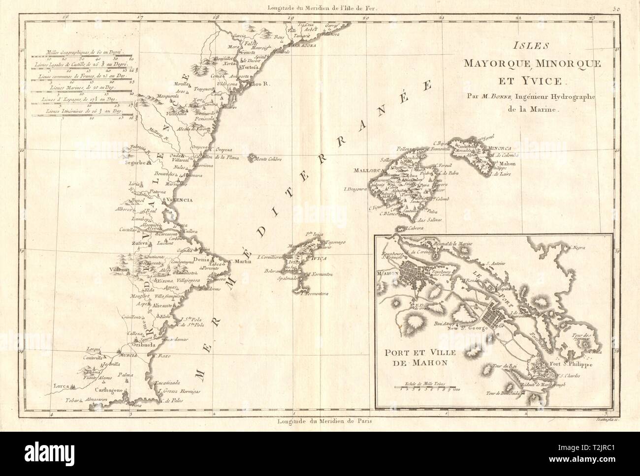 Iles Mayorque, Minorque et Yvice. Mahon. Majorca Menorca Ibiza. BONNE 1789 map Stock Photo