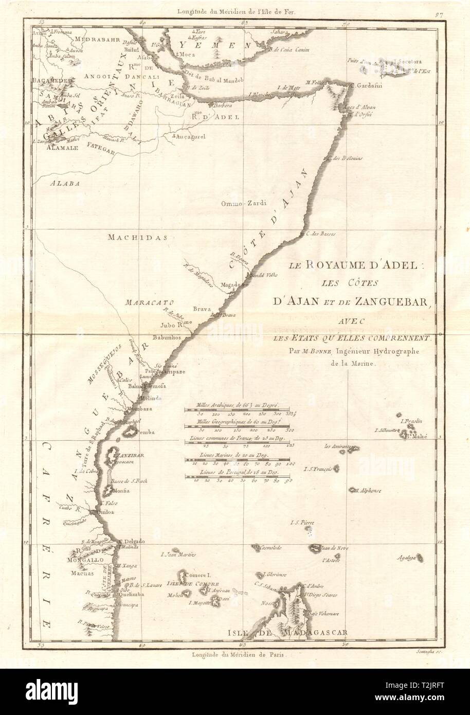 Le Royaume d’Adel… Ajan & Zanguebar. Adal Ajuran. Kenya Tanzania. BONNE 1790 map Stock Photo