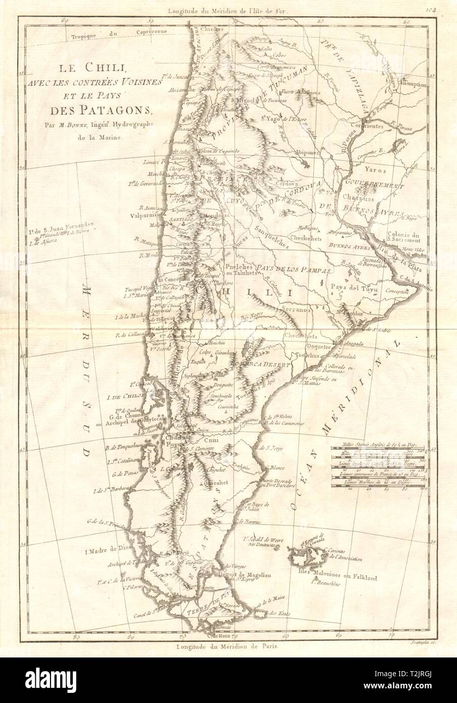 Le Chili… et les pays des Patagons. Chile Argentina Patagonia. BONNE 1790 map Stock Photo