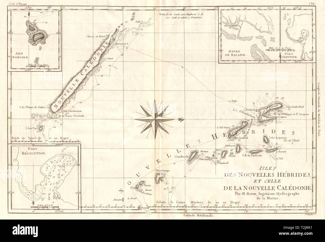Nouvelles Hébrides & Nouvelle Calédonie. Vanuatu & New Caledonia. BONNE 1790 map Stock Photo