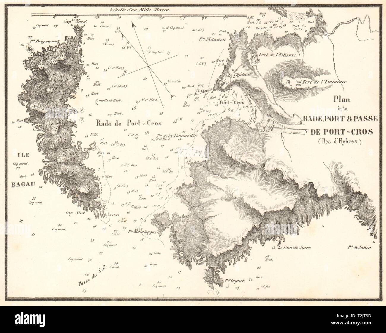 La Rade, Port & Passe de Port-Cros, Îles d'Hyères. Var. GAUTTIER 1851 old map Stock Photo