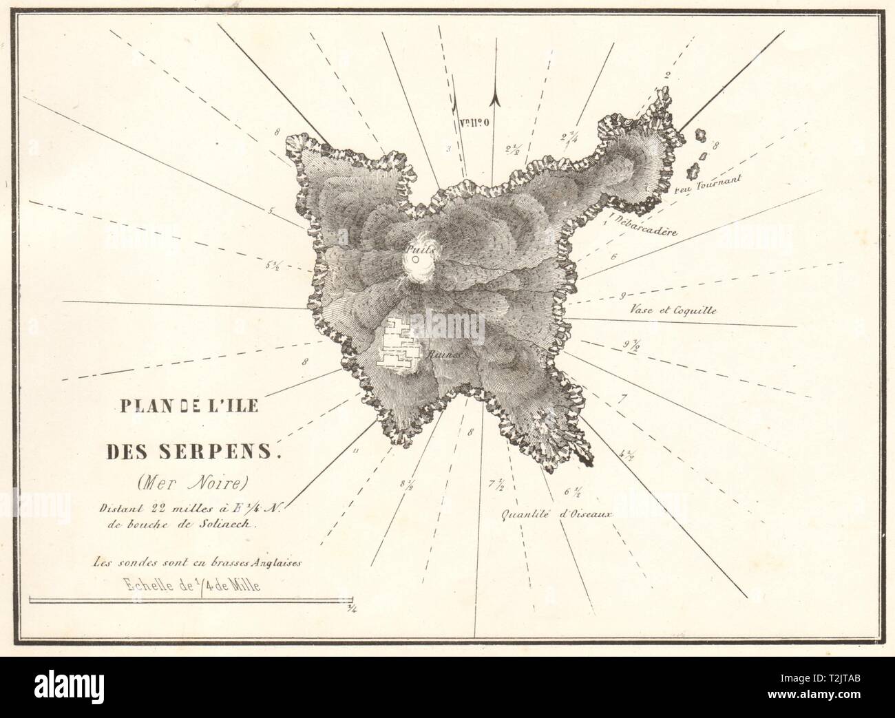 Snake/Zmiinyi Island, Black Sea. 'L'ile des Serpens'. Romania. GAUTTIER 1854 map Stock Photo