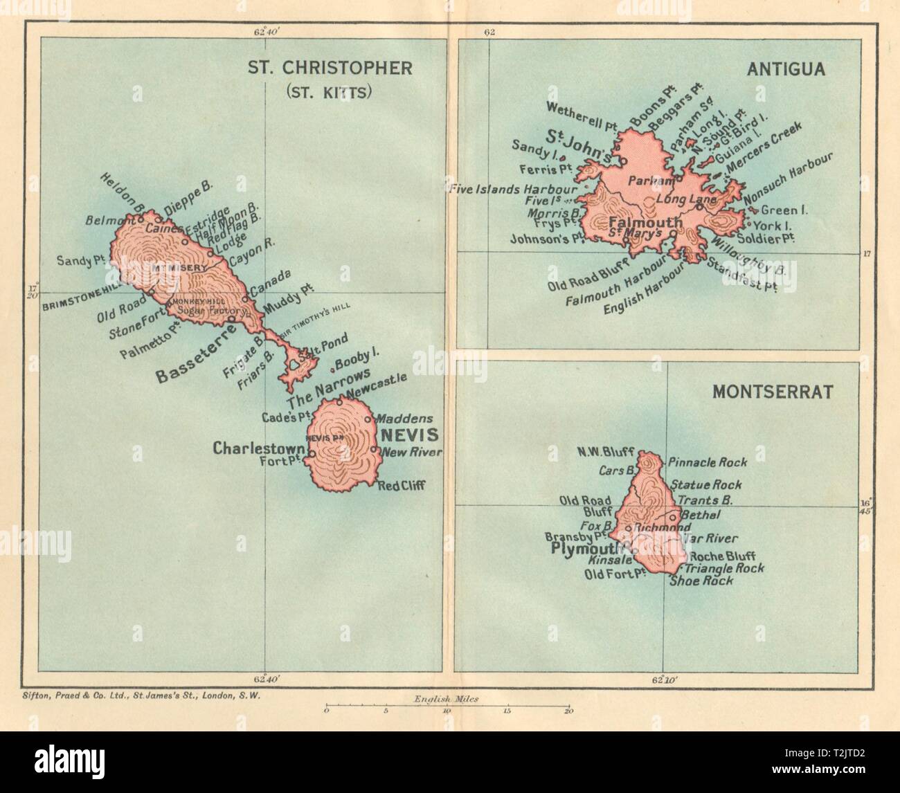 ST CHRISTOPHER (ST KITTS), ANTIGUA & MONTSERRAT. West Indies Caribbean 1935 map Stock Photo