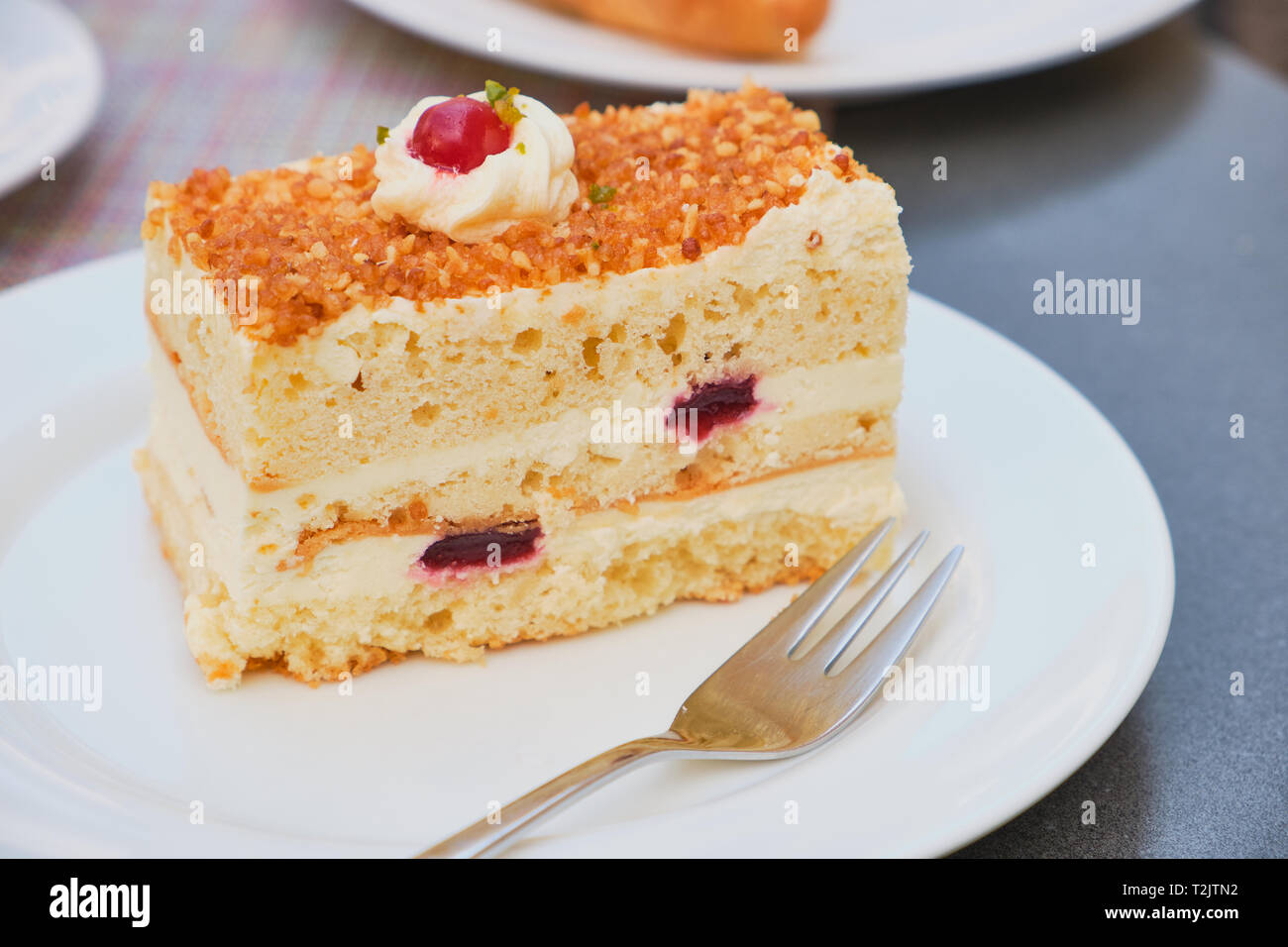 slice of Frankfurt crown cake on a white plate on a sunny day outdoor Stock Photo