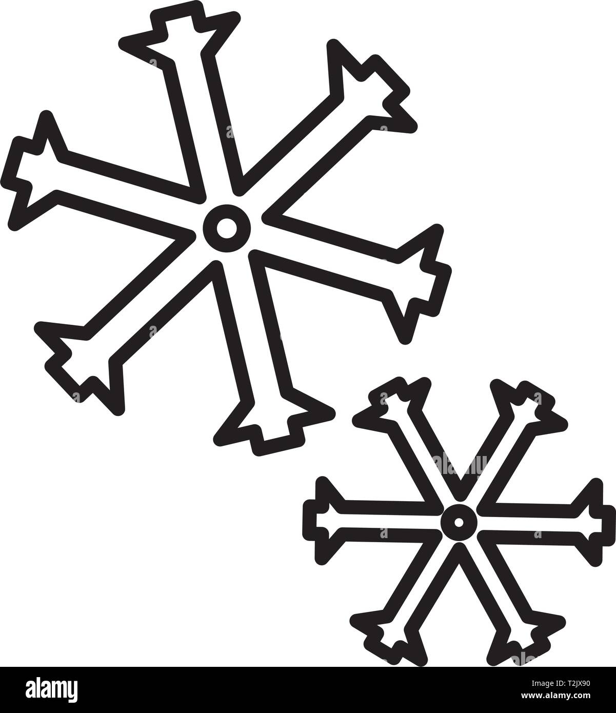This vector image shows 2 snowflakes in outline icon design. It is ...