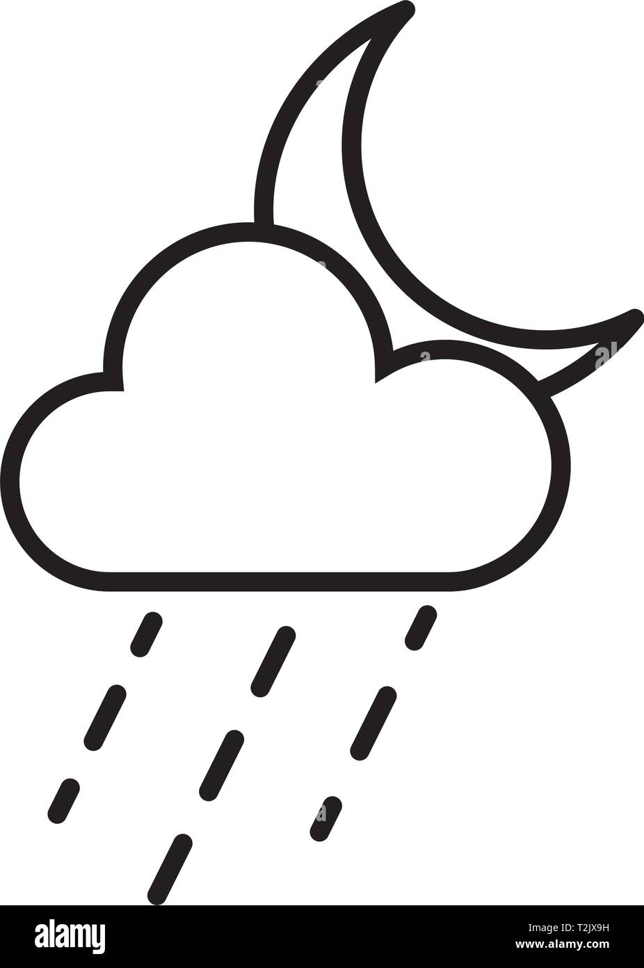 This vector image shows a rain cloud and a moon in outline icon design ...
