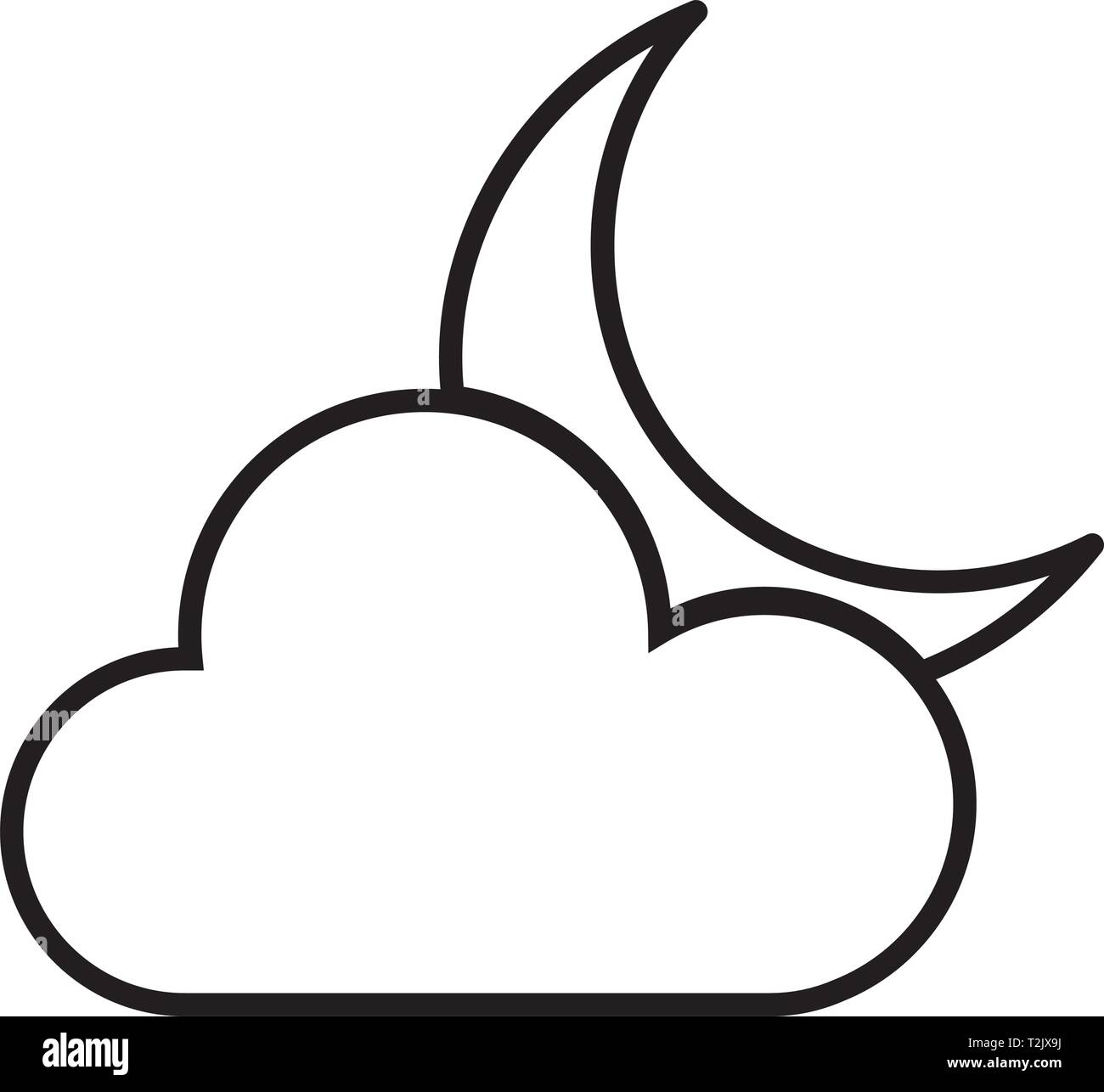 This vector image shows a cloud and a moon in outline icon design. It ...