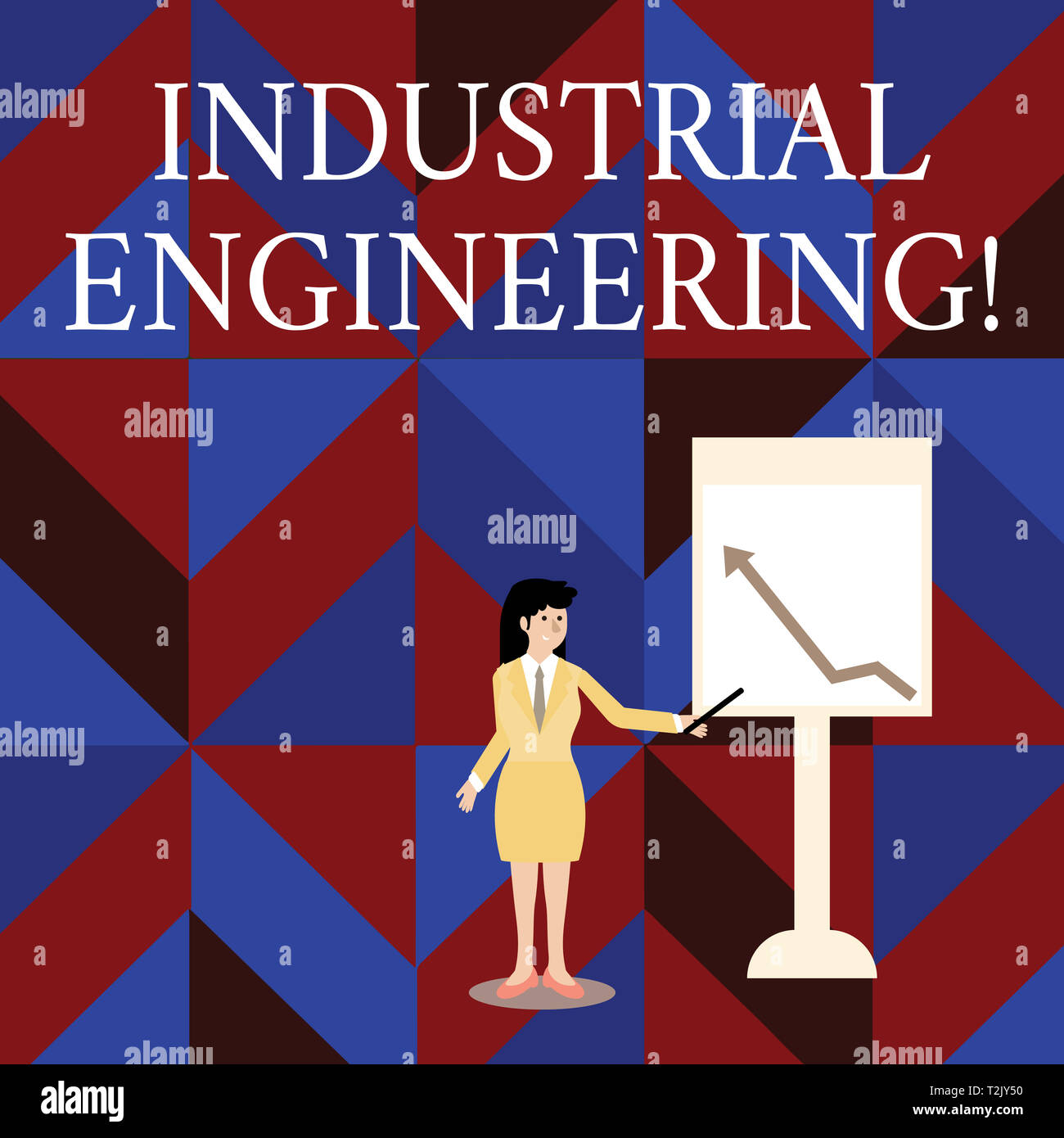 Writing note showing Industrial Engineering. Business concept for field or study that focuses on industrial processes Woman Holding Stick Pointing to  Stock Photo