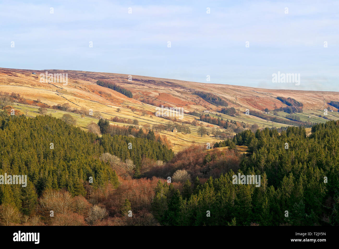 Looking down the Nidd Valley Upper Nidderdale North Yorkshire from the top of Scar house Reservoir dam on a bright February afternoon 2019 Stock Photo