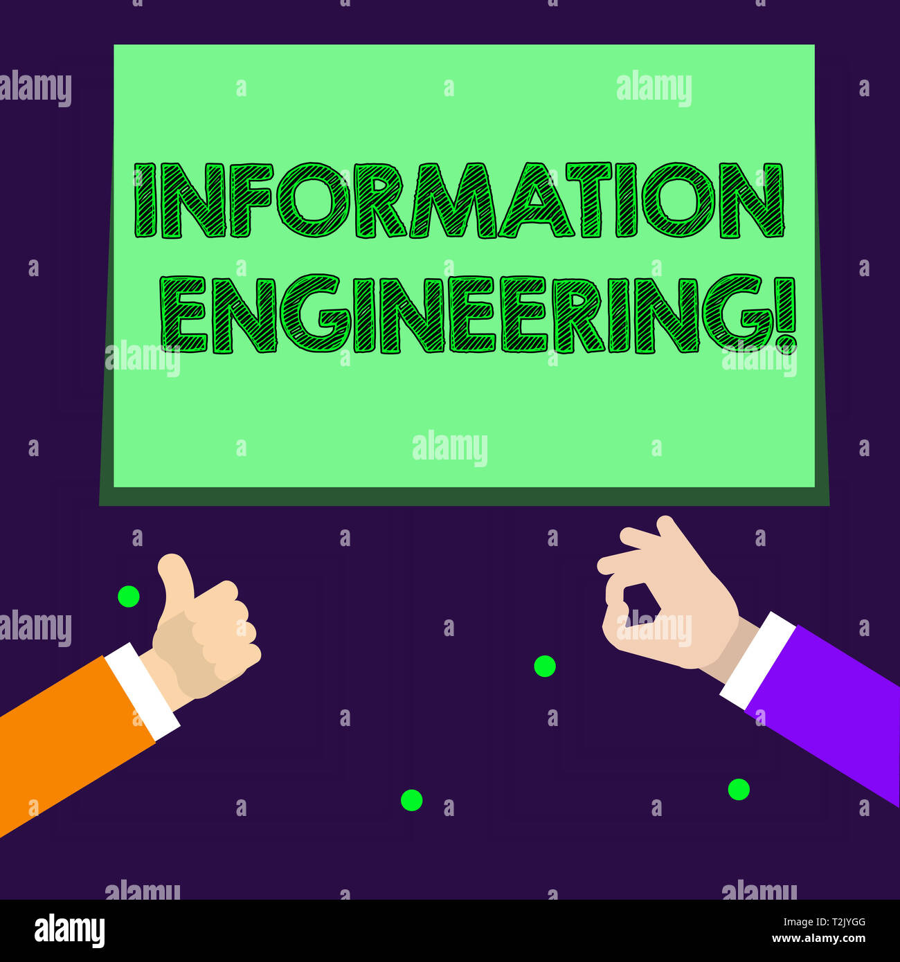 Writing note showing Information Engineering. Business concept for deals with distribution and knowledge in systems Two Businessmen Hands Gesturing th Stock Photo