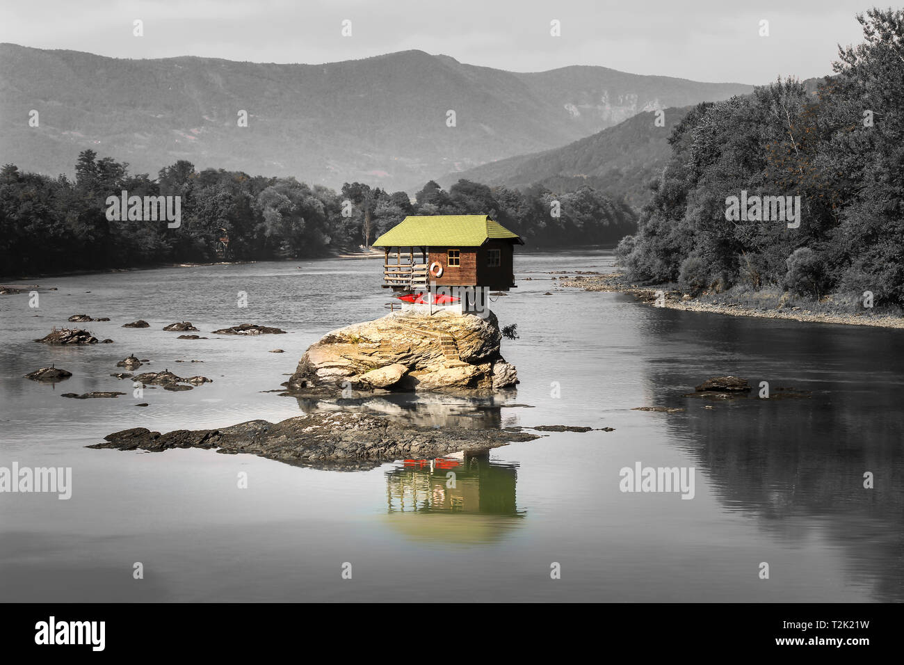 Selective color of a famous Drina house, a little colorful cabin on the middle of a river in Bajina Basta Stock Photo