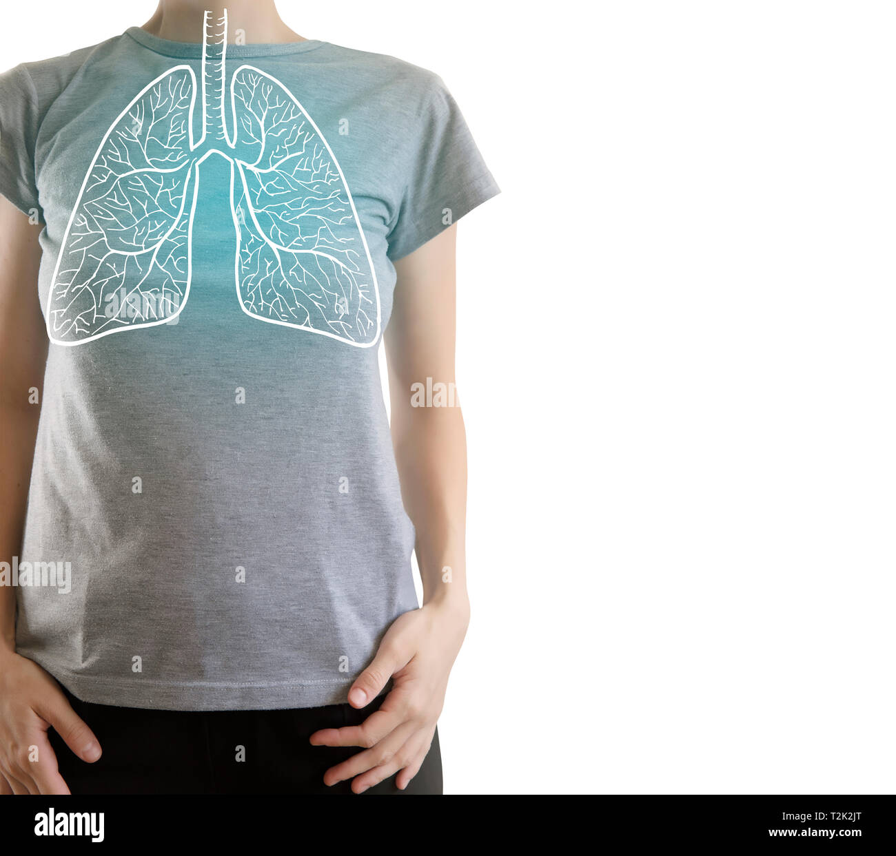 highlighted blue  healthy lungs on woman body Stock Photo