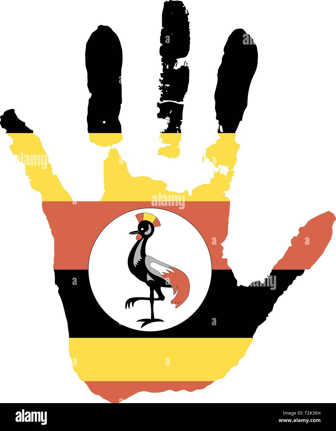 red, white, black color of the flag. vector handprint in the form of the flag of Uganda. Stock Vector