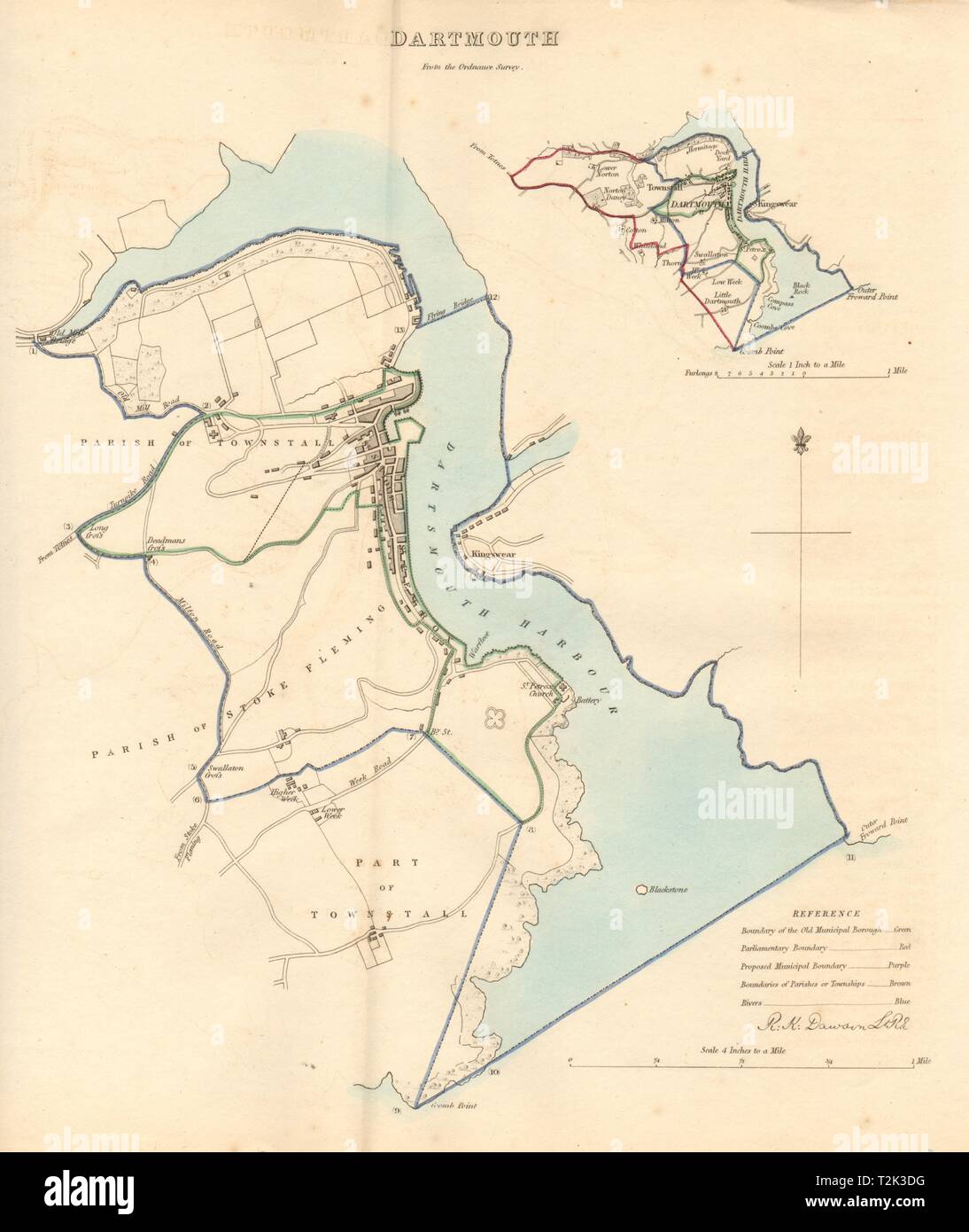 DARTMOUTH borough/town plan. BOUNDARY REVIEW. Devon. DAWSON 1837 old