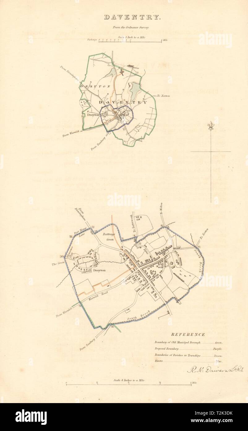 DAVENTRY borough/town plan. BOUNDARY REVIEW. Northamptonshire. DAWSON 1837 map Stock Photo