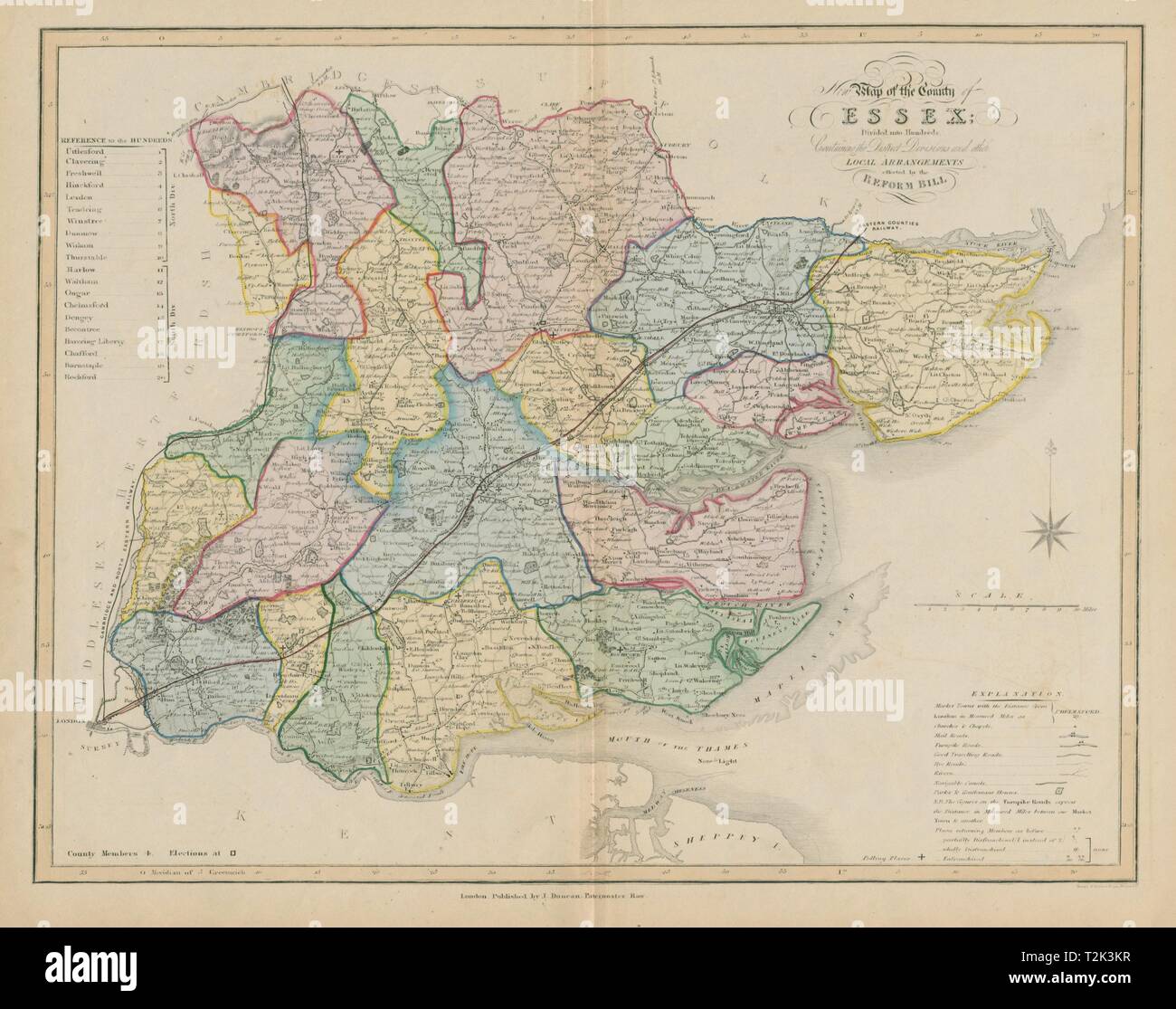 'New map of the county of Essex' post Reform Act, by James Duncan. Coloured 1833 Stock Photo