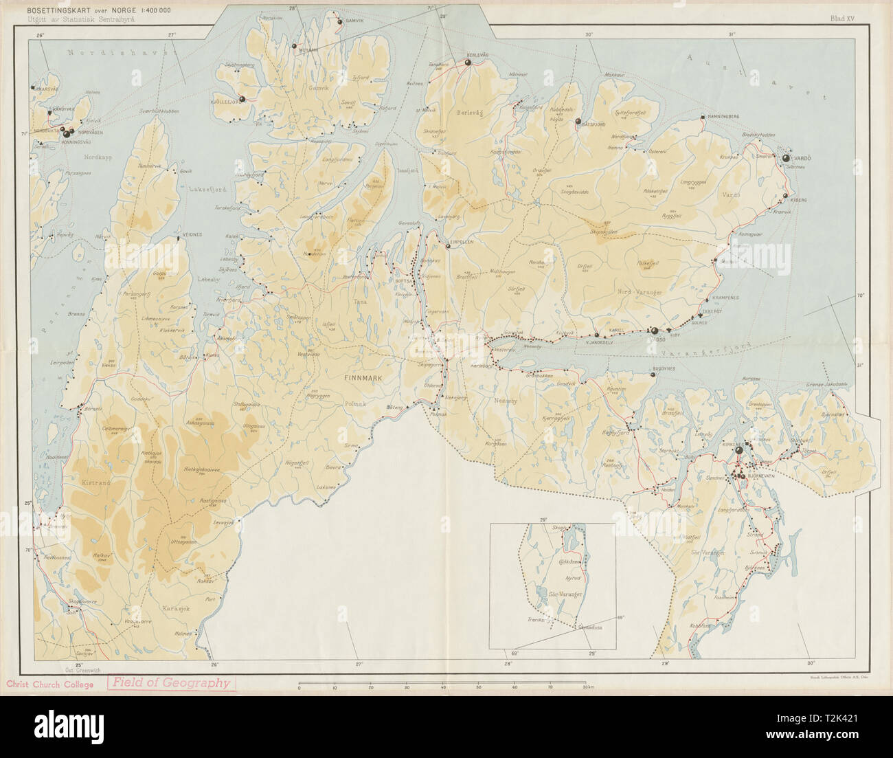 Norway Norge settlements. Vardö Vardo Kirkenes. Finnmark. 48x62cm 1950 old map Stock Photo