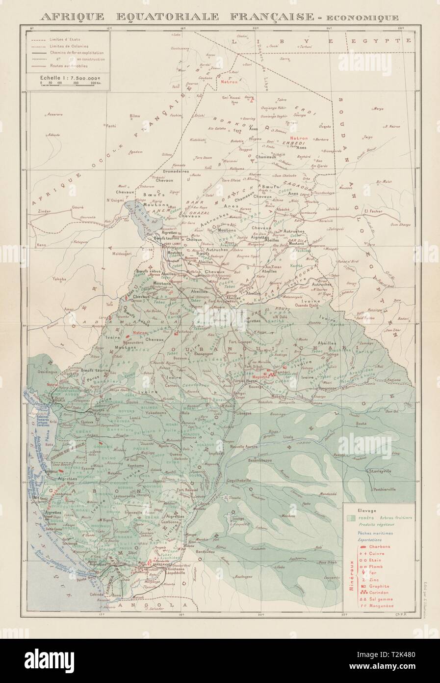 FRENCH EQUATORIAL AFRICA. Afrique équatoriale française. Resources 1929 map Stock Photo