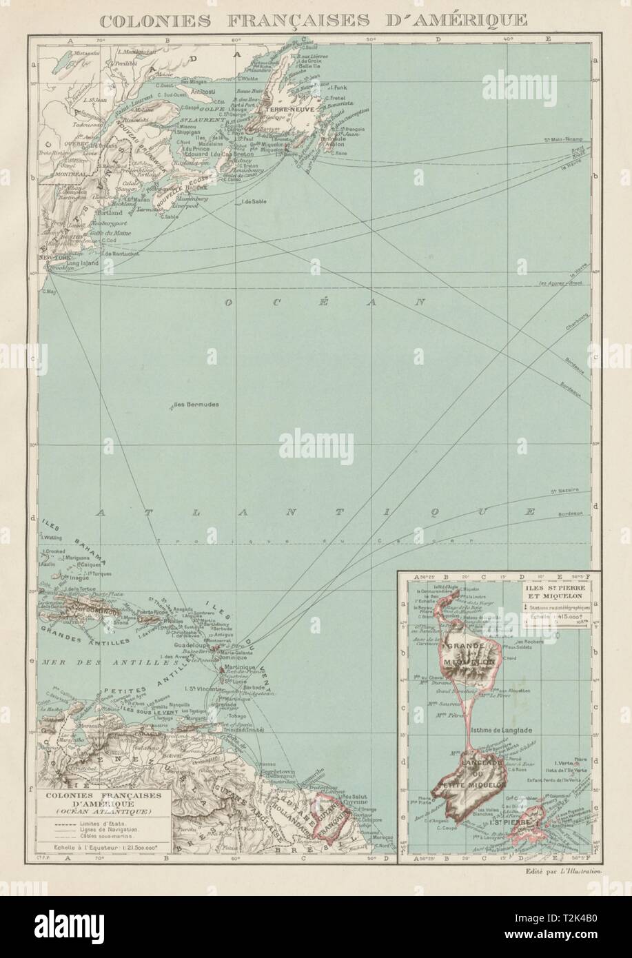 FRENCH AMERICAS. Colonies Françaises d' Amerique. St-Pierre et Miquelon 1929 map Stock Photo