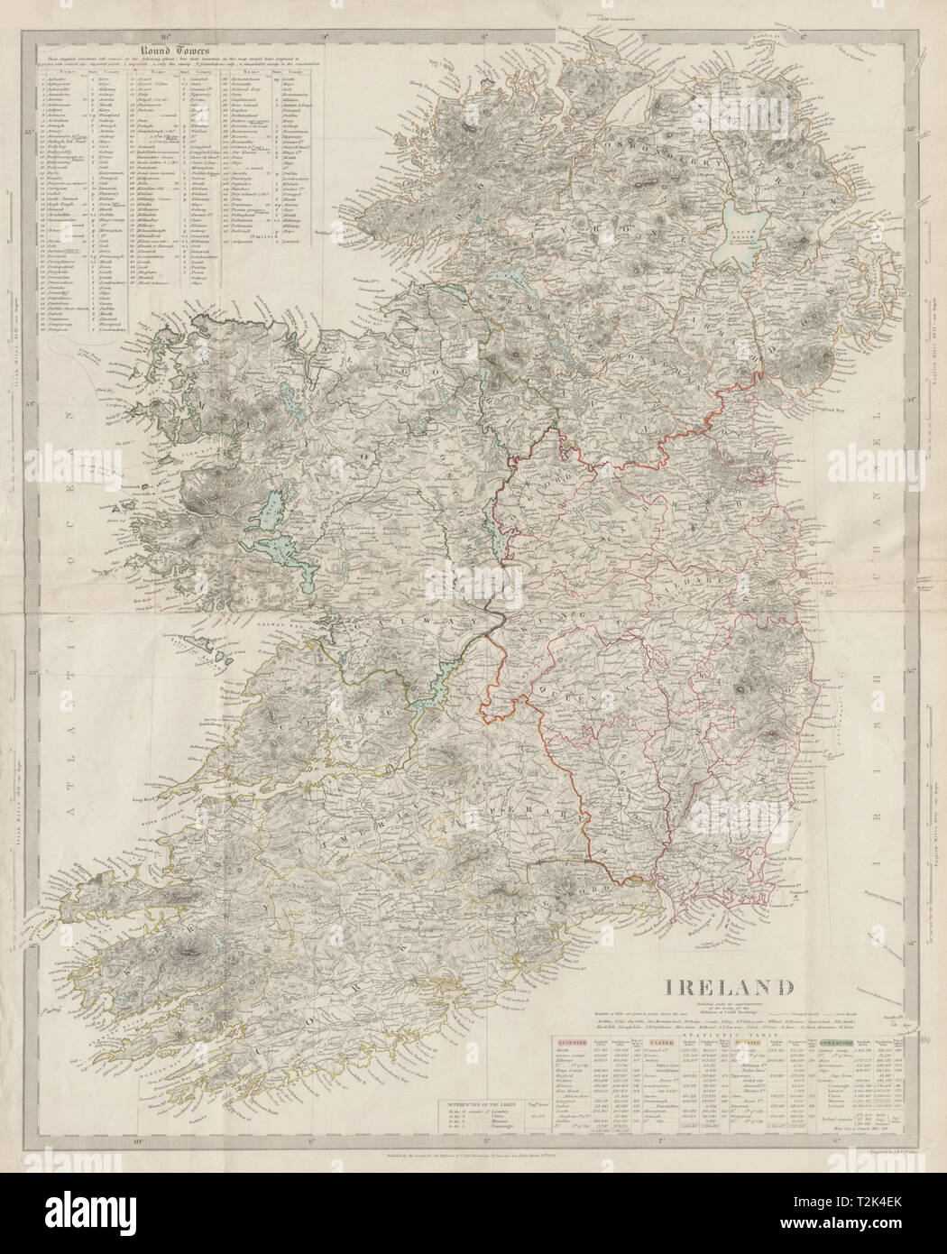 IRELAND on 2 sheets conjoined 62x50 cm. Round towers Cloigthithe. SDUK 1844 map Stock Photo