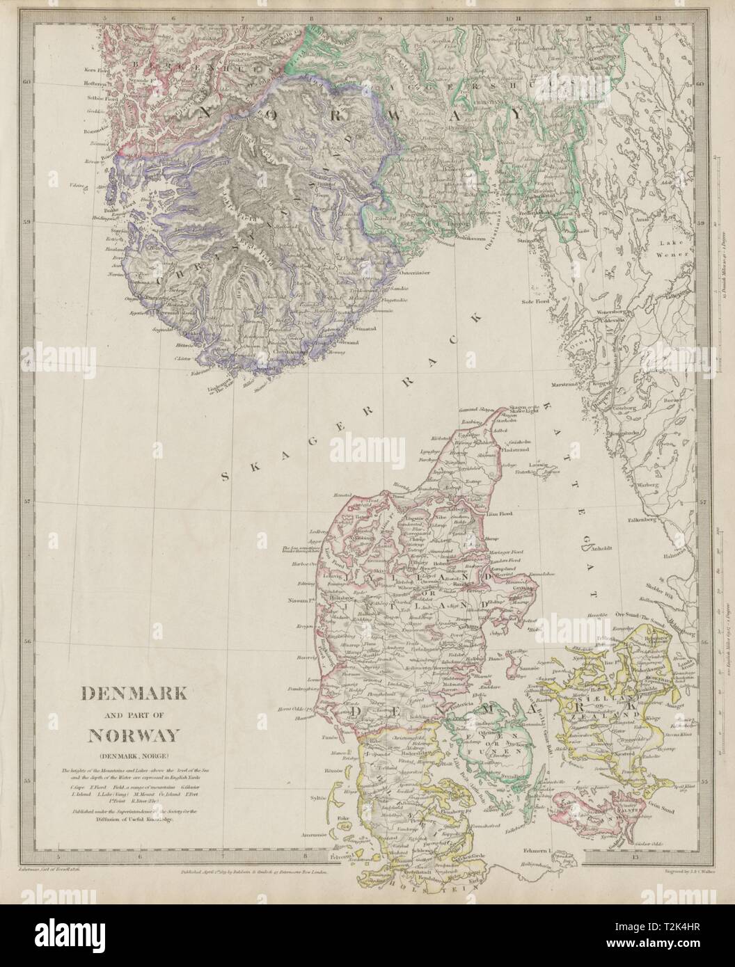 SCANDINAVIA. Denmark and Southern Norway (Norge). SDUK 1844 old antique map Stock Photo