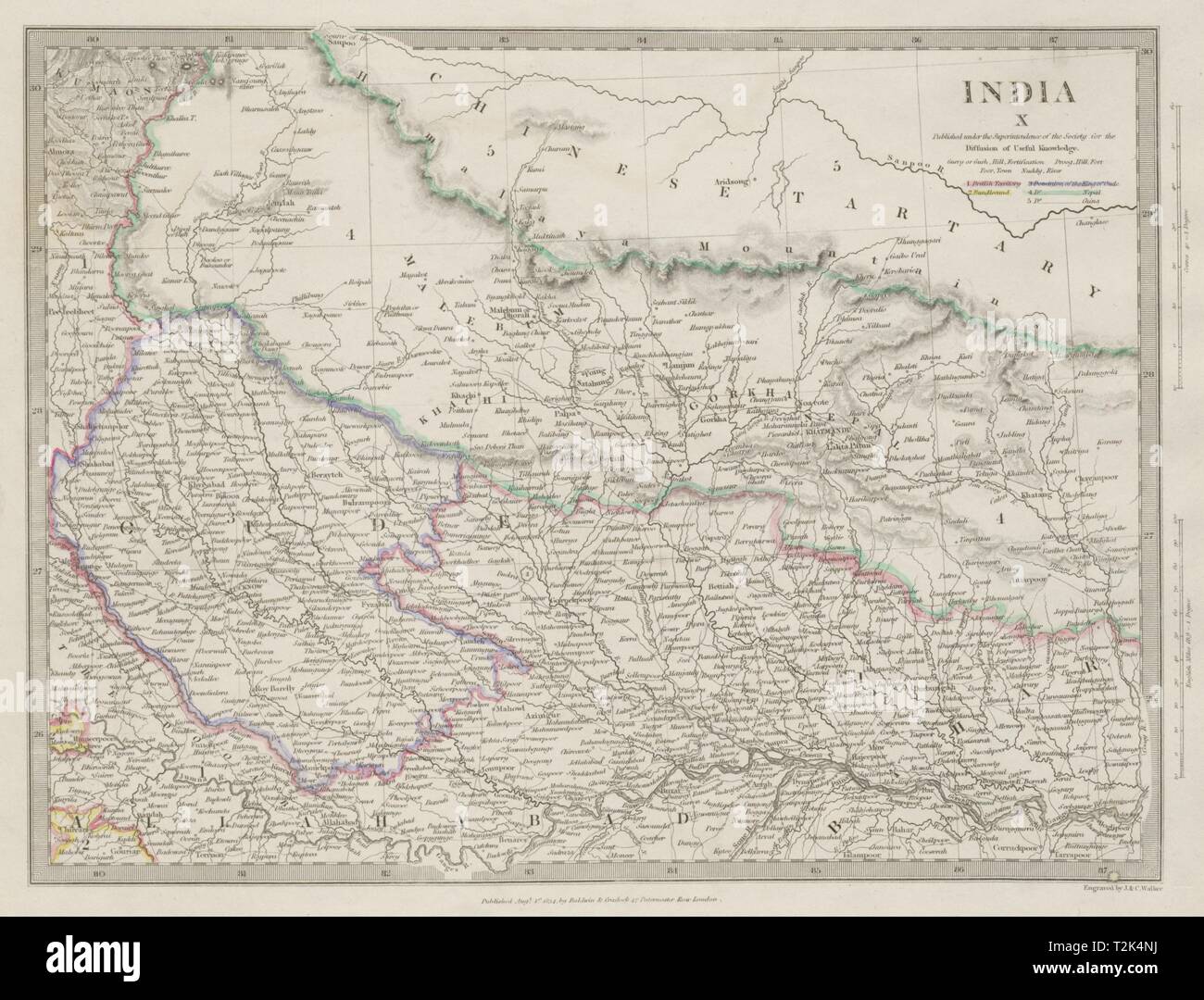 NEPAL & NORTHERN INDIA. Oude (Awadh) to Allahabad. Gorkha. Bihar. SDUK 1844 map Stock Photo