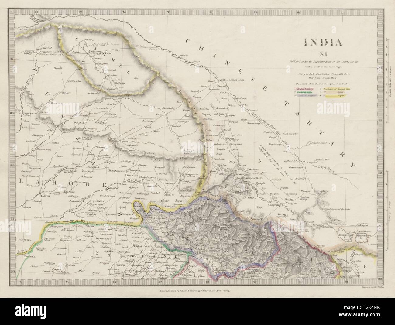 INDIA & PAKISTAN Punjab Garhwal Lahore Sirhind Kashmir China. SDUK 1844 map Stock Photo