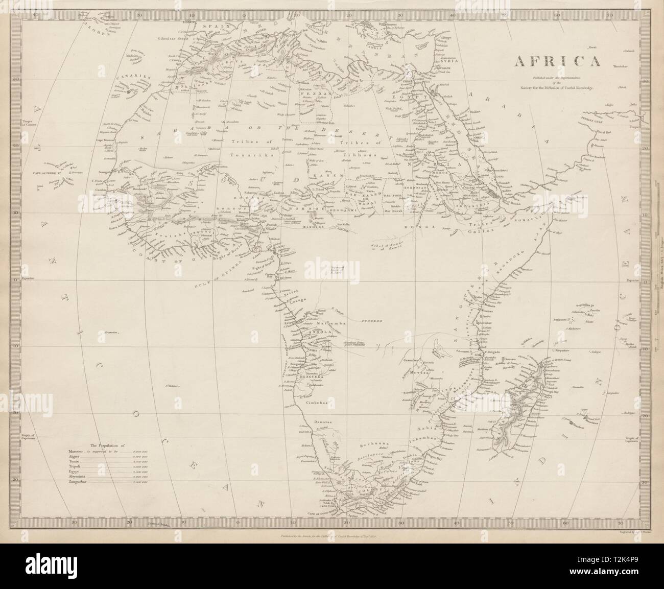 AFRICA map pre-dating much exploration. Mountains of Kong.Population SDUK 1844 Stock Photo