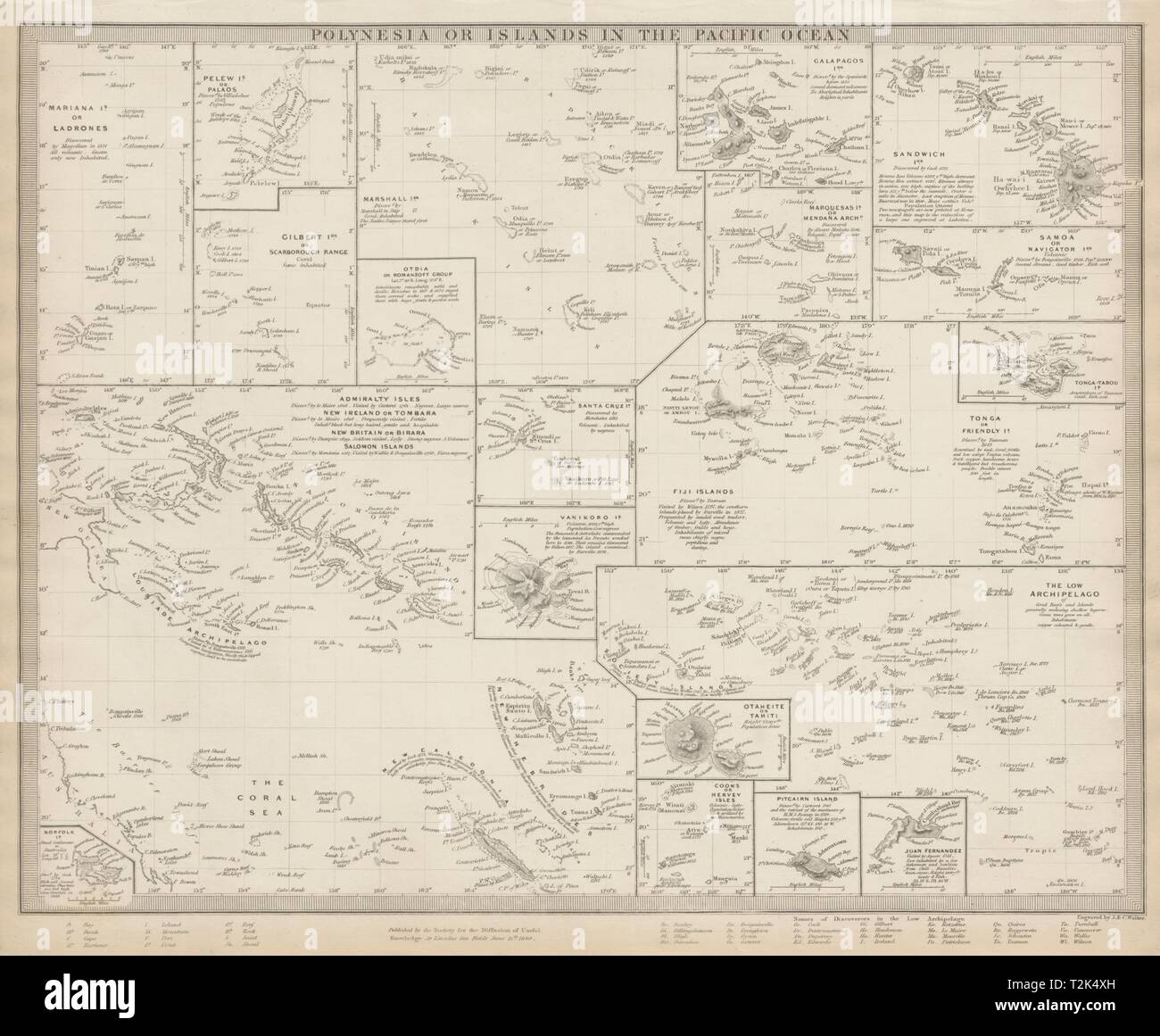 PACIFIC ISLANDS Polynesia Hawaii Samoa Fiji Tonga Tahiti Cook. SDUK 1844 map Stock Photo