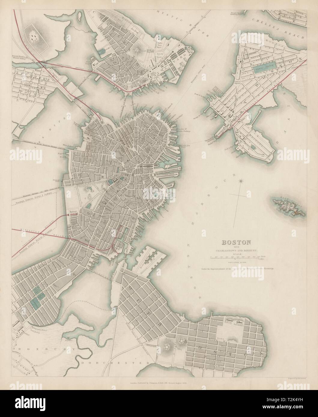 BOSTON WITH CHARLESTOWN AND ROXBURY antique town city map plan. SDUK 1844 Stock Photo